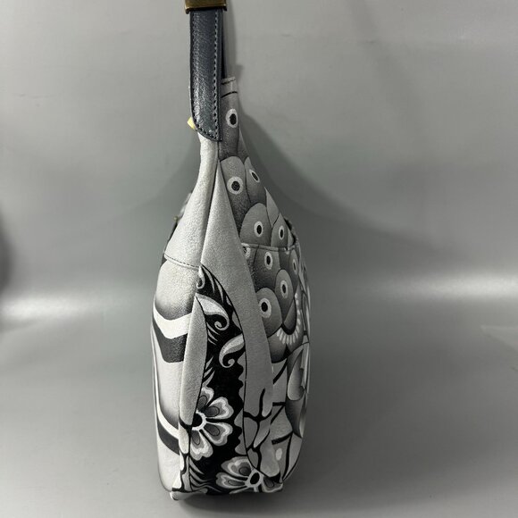 Anna by Anuschka Black/White Floral Leather Hobo Shoulder Bag - Picture 8 of 15